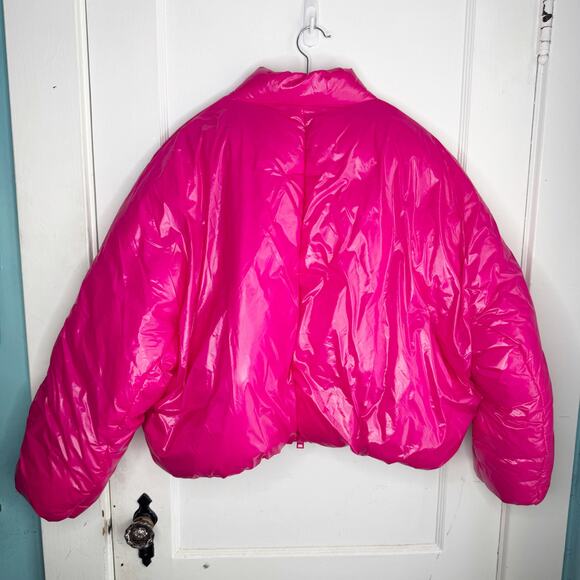 Zara Glossy Shiny Vinyl Puffer Jacket Hot Pink High Neck NEW Size Large L Baddie - Picture 15 of 16
